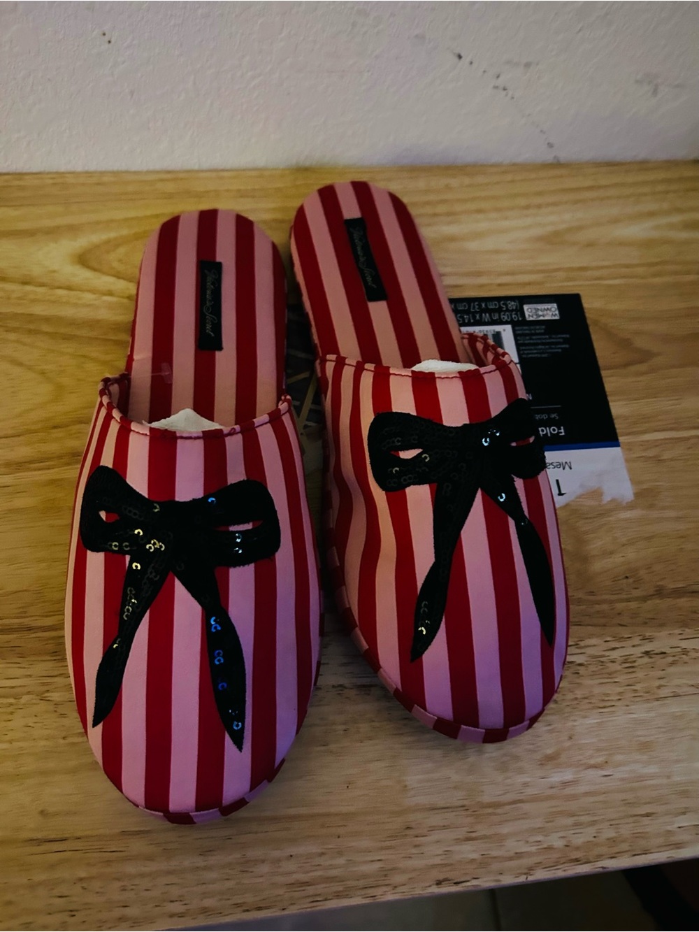 Victoria’s Secret Striped Red & Pink Slip-On Mules with Black Bow Embellishment